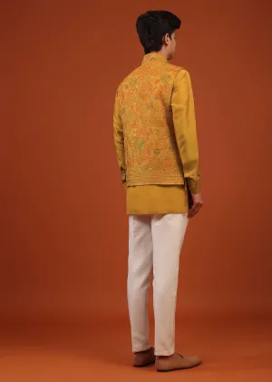 Mustard Yellow Floral Embroidered Bandi Jacket Set In Silk