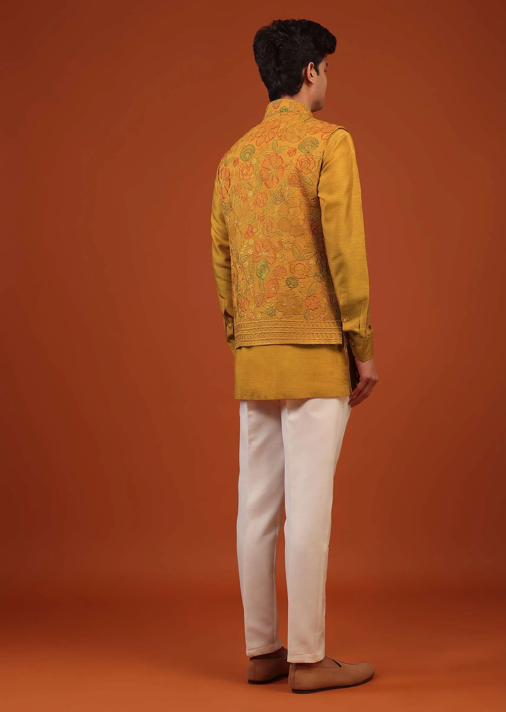 Mustard Yellow Floral Embroidered Bandi Jacket Set In Silk