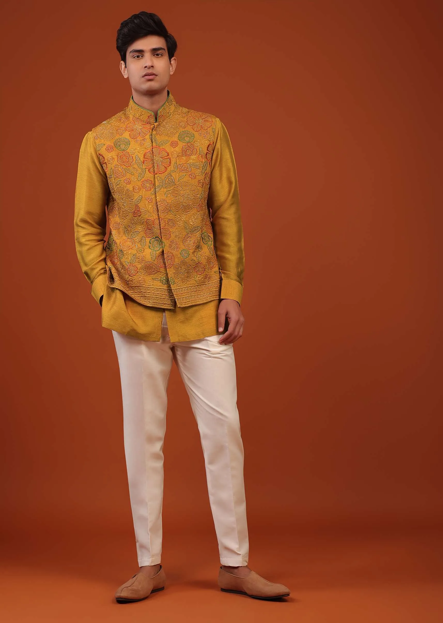 Mustard Yellow Floral Embroidered Bandi Jacket Set In Silk
