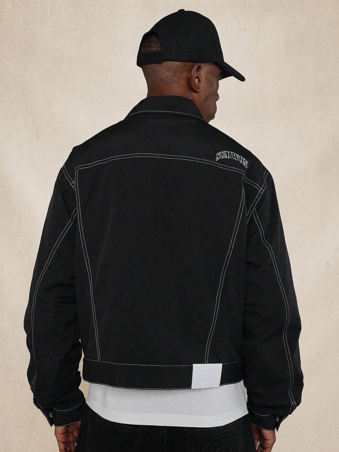 Nylon Trucker Jacket With Contrast Stitching & Embroidery Design