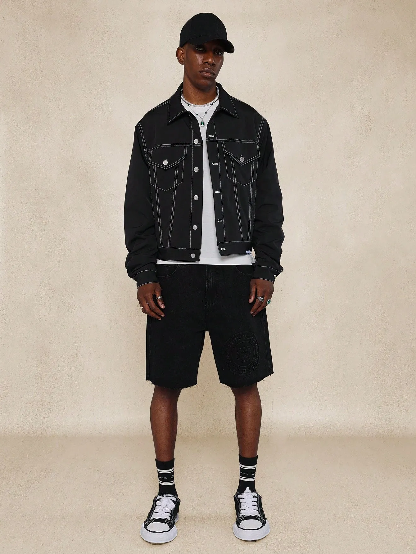 Nylon Trucker Jacket With Contrast Stitching & Embroidery Design