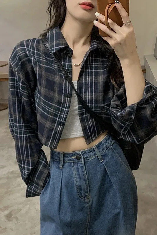 Retro Plaid Long Sleeve Shirt Jacket & Chic Slim Short Sunscreen Top