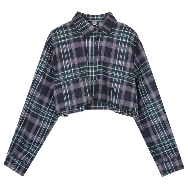Retro Plaid Long Sleeve Shirt Jacket & Chic Slim Short Sunscreen Top
