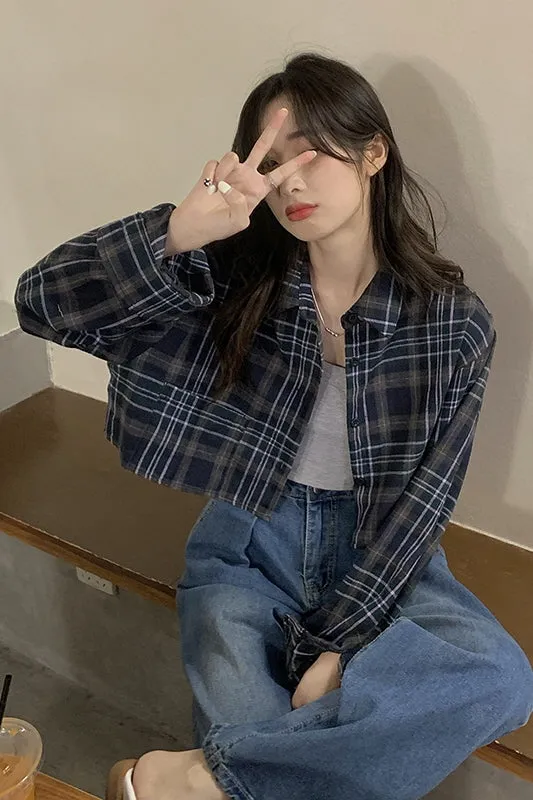 Retro Plaid Long Sleeve Shirt Jacket & Chic Slim Short Sunscreen Top