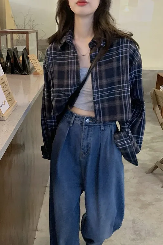 Retro Plaid Long Sleeve Shirt Jacket & Chic Slim Short Sunscreen Top