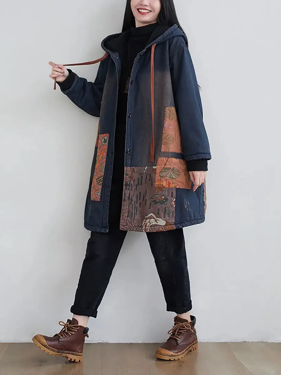 Spliced Denim Hooded Padded Coat