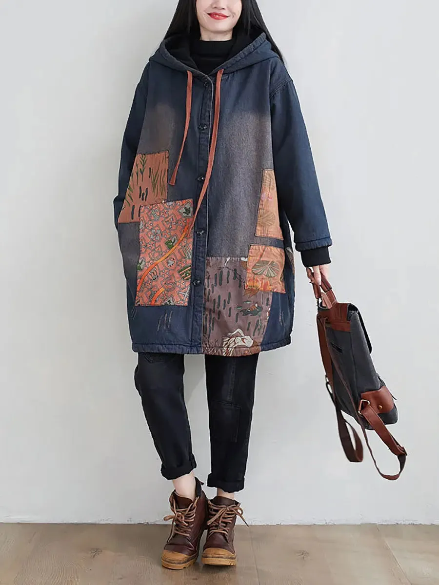 Spliced Denim Hooded Padded Coat