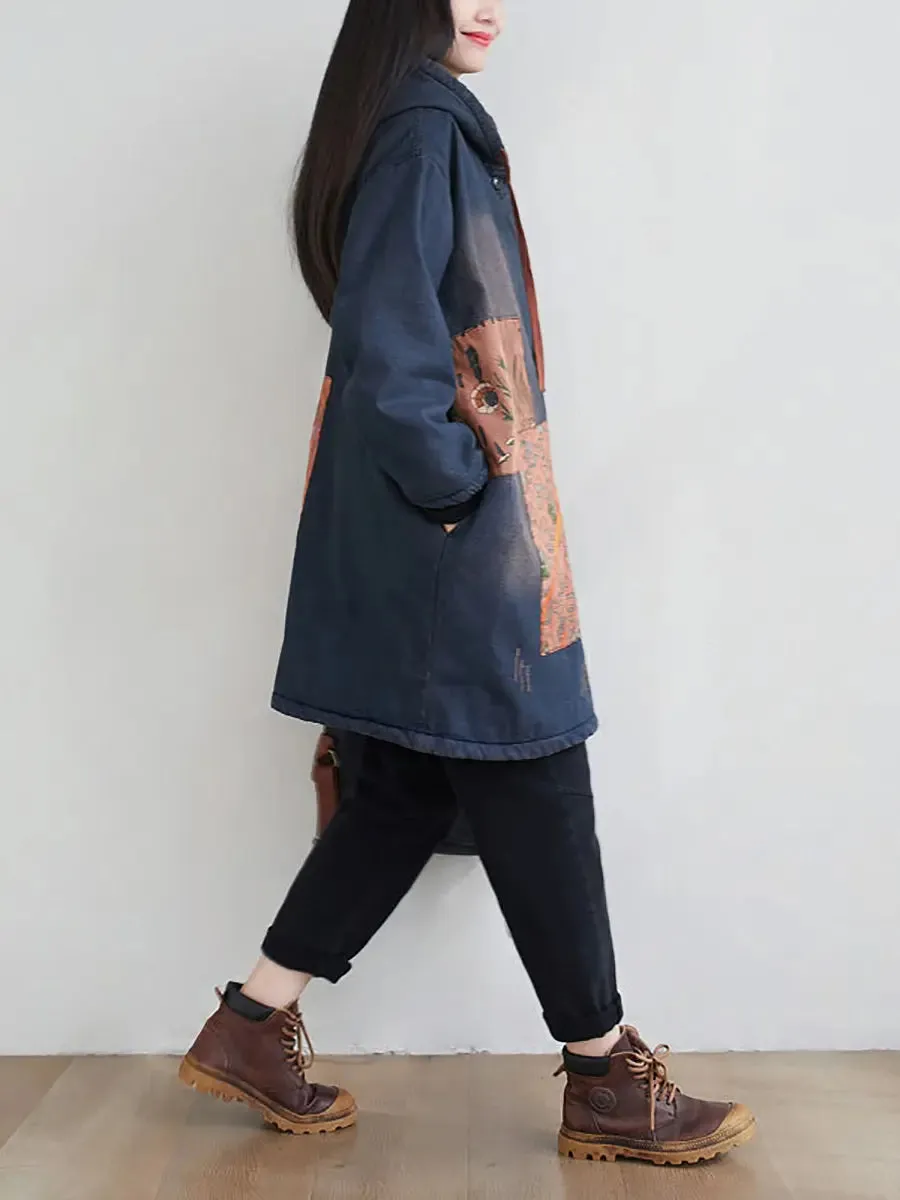 Spliced Denim Hooded Padded Coat
