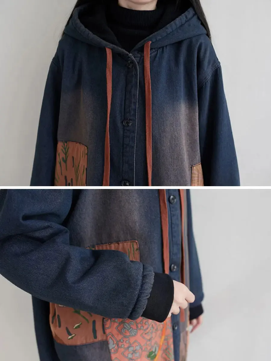 Spliced Denim Hooded Padded Coat