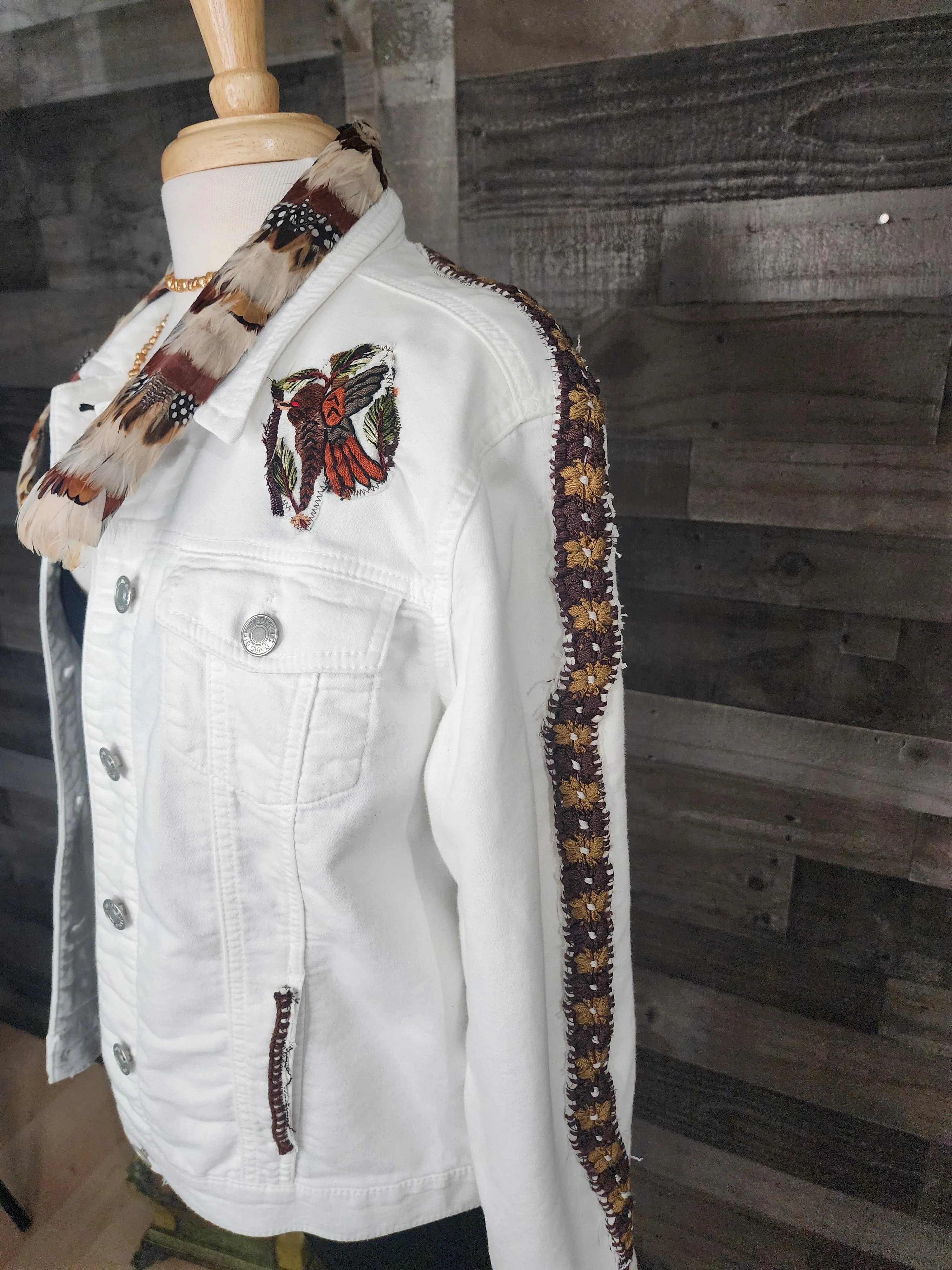 UPCYCLED DENIM JACKET WHITE W/ HUIPIL WITH DETACHABLE FEATHER COLLAR